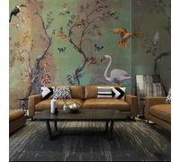 WLLDDDIU Papel Pintado Pegable, Mural Botánico Verde Vintage con Aves Tropicales y Árboles Frutales, Papel Pintado Autoadhesivo Removible para El Dormitorio, Salón, 343X256Cm (135X101 Pulgadas)