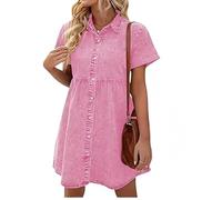 WLLDDDIU Vestido Camisero Vaquero de Mujer de Manga Corta con Botones, Estilo Túnica, Corte Holgado Vintage, Estilo Casual, Ideal para Vacaciones de Verano, Playa y Uso Diario. Color Rosa, Talla XS