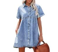 WLLDDDIU Vestido Camisero Vaquero de Mujer de Manga Corta con Botones, Estilo Túnica, Corte Holgado Vintage, Estilo Casual, Ideal para Vacaciones de Verano, Playa y Uso Diario. Color Azul, Talla XS