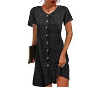 WLLDDDIU Vestido Camisero Vaquero de Mujer, Manga Corta, Cuello en V, Abotonado, Estilo Casual, Holgado, Corte A, Minivestido de Verano para Uso Diario, Negro, Talla XS