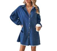 WLLDDDIU Vestido Camisero Vaquero Extragrande para Mujer, Bajo Deshilachado, Manga Larga, Abotonado, Minivestido con Bolsillos, Blusa Informal Vintage desgastada para Uso Diario, Azul Oscuro, Talla