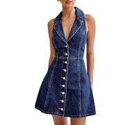 WLLDDDIU Vestido Camisero Vaquero para Mujer, Sin Mangas, con Cuello en V, Abotonado, Corte en A, Falda Acampanada, Estilo Skater, Túnica Vaquera Azul Vintage para Fiestas Informales de Verano, Có