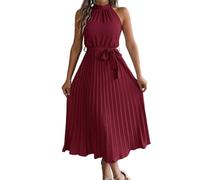 WLLDDDIU Vestido Maxi Plisado de Cuello Halterdo Sin Mangas Cintura con Corbata A Line Vestido Largo Largo y Fluido Elegante Fiesta de Invitados de Verano Vestido de Vacaciones Vino Tinto M