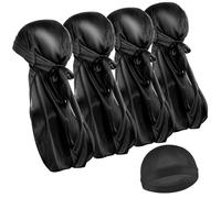 WLLHYF Durag - Juego de 4 gorras de seda Durag de cola larga con 1 onda, transpirable, turbante, gorro pirata suave, gorro para quimioterapia para pérdida de cabello, 5 Negro, Talla única