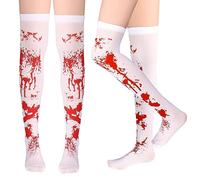 WLLHYF Medias sangrientas de Halloween Cosplay Calcetines altos Traje manchado de sangre blanca y roja Medias de terror sobre la rodilla Medias largas para mujeres Niñas Fiesta de Halloween Cosplay