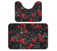 Wlntrophic Juego de 2 alfombrillas de baño de rosas rojas y negras, absorbentes, suaves, 1 alfombra de bañera y 1 alfombrilla de inodoro en forma de U