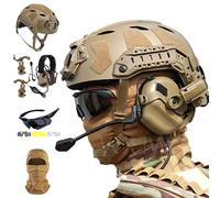 WLXW Conjunto de Casco táctico de protección Completa Fast SF, con Auriculares Airsoft y Gafas de Tres Lentes y máscara táctica, para Paintball Wargame Military Set,Tan