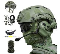 WLXW Conjunto de Casco táctico de protección Completa Fast SF, con Auriculares Airsoft y Gafas de Tres Lentes y máscara táctica, para Paintball Wargame Military Set,Verde