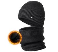 Wmcaps Conjunto de gorro y calentador de cuello de forro polar de invierno para hombres y mujeres, gorros de punto gruesos y acogedores, conjunto de bufandas, gorro de invierno liso elástico para