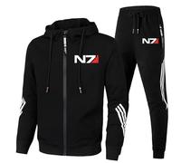 WMDMJT Chándal hombre para Mass Effect N7, conjunto deportivo dos piezas sudadera manga larga y cremallera, diseño en forro polar contraste, set tres rayas en tejido French Terry,Black-x_l