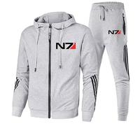 WMDMJT Chándal hombre para Mass Effect N7, conjunto deportivo dos piezas sudadera manga larga y cremallera, diseño en forro polar contraste, set tres rayas en tejido French Terry,Grey-l
