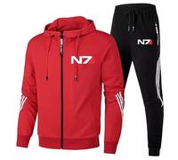 WMDMJT Chándal hombre para Mass Effect N7, conjunto deportivo dos piezas sudadera manga larga y cremallera, diseño en forro polar contraste, set tres rayas en tejido French Terry,Red-l