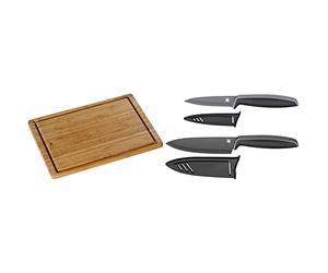 WMF Bamboo Tabla de Cortar de Madera de Bambú con Surco para Líquidos, 45 x 30 cm & Touch Juego de 2 Cuchillos con Funda Protector Color negro, Cuchillo de Cocina 24 cm y Cuchillo Multiusos de 20.5 cm