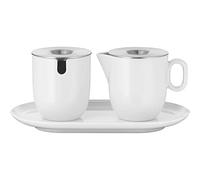 WMF 695899440 Azucarero de 130 ml y Jarra de Leche de 170 ml con Plato, Porcelana, Color Blanco, Acero 18/10