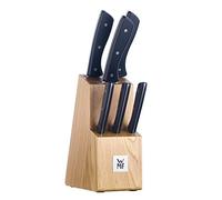 WMF Bloque de cuchillos con juego de cuchillos, 7 piezas, 6 cuchillos forjados, 1 bloque de madera de haya, hoja de acero especial, remaches de acero inoxidable