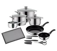 Juego de batería de cocina y utensilios con 10 piezas de WMF, ollas, sartenes, cazo, cuchillos de cocina, tijeras, tabla de cortar, reborde protector, Diadem Plus, tapa de cristal, acero inoxidable pulido Cromargan, aptos para inducción y lavavajillas