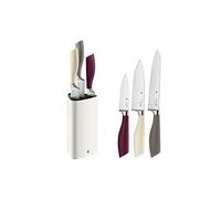 WMF Elements Joy - Juego de 4 Piezas, 3 Cuchillos con Hoja de Acero Especial de Filo Recto y con Bloque de Cuchillos con Cepillo de Plástico