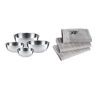 WMF Gourmet-Set de 4 Boles, Acero Inoxidable Mate + 6060309991 Paños de cocina, 3 unidades