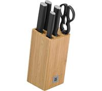 WMF Kineo - Juego 6 Piezas, 4 Cuchillos con Hoja de Acero Templado Especial y Tijeras Multiusos con Soporte FlexTec de Bambú