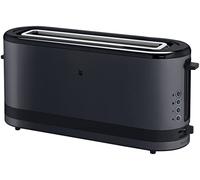 WMF Kitchenminis Deep Black - Tostadora de ranura larga, 2 rebanadas con soporte para pan, tostadora estrecha, XXL, función bagel, 7 niveles de tostado, 900 W, en acero inoxidable, negro mate