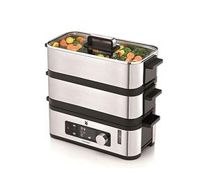 WMF Kitchenminis - Vaporera, 900 W de hasta 4.3 l y depósito de Agua de 1.1 l, dos Zonas de cocción y función de mantenimiento de la calor, acabados de acero Inoxidable de cromargan