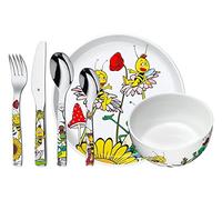 WMF La Abeja Maya - Vajilla para niños 6 piezas incluye plato, cuenco y cubertería (tenedor, cuchillo de mesa, cuchara y cuchara pequeña) WMF Kids infantil Acero Inoxidable Cromargan