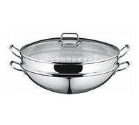 WMF Macao - Wok 36 cm Apto para Inducción de 4 Piezas, con Tapa de Cristal, Rejilla de Almacenamiento, Accesorio para Cocinar al Vapor, Acero Inoxidable Cromargan Pulido, Sin Revestimiento