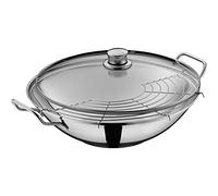 WMF Party Taiwan wok inducción 36 cm, wok con tapa y rejilla, acero inoxidable Cromargan sin recubrimiento