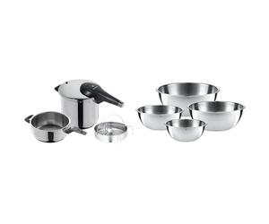 WMF Perfect Premium - Set con Olla Rápida 22 cm de diámetro y medio + cuerpo con cestillo de vapor & Bol Gourmet - Set de 4 Cuencos de Mezcla (16, 18, 22, 24 cm), Acero Inoxidable Cromargan 18/10