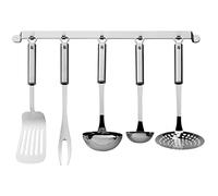 WMF Profi Plus - Juego de Cocina 6 piezas, Estante para Colgar con 5 Ayudantes, Cucharón, Espumadera, Cuchara para salsa, Espátula, Tenedor para carne, Acero Inoxidable Pulido