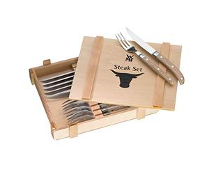 WMF Ranch - Juego de cubiertos para carne de 12 piezas para 6 personas, juego de cuchillos con tenedor, acero especial forjado para la hoja, acero inoxidable Cromargan mate, madera de roble aceitada.