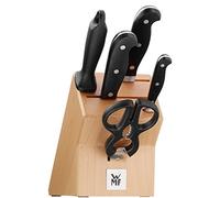 WMF Spitzenklasse Plus Juego de 3 Cuchillos con Afilador Chaira y Tijera con Soporte de Madera, Hoja de Acero Templado Completamente Forjado