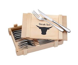 WMF Steak Set - Cubiertos para Carne 12 piezas para 6 Personas, Juego de Cuchillos para carne y Tenedor para Carne, Acero Inoxidable Cromargan Pulido en Caja Madera