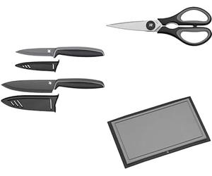 WMF Touch - Set de corte 4 Piezas Negro. Cuchillo Cocina 24 cm, Cuchillo Multiusos 20,5 cm, Tijeras de Cocina 21cm, Tabla de Cortar de Plástico 32 x 20 cm. Hojas de Acero Inoxidable.