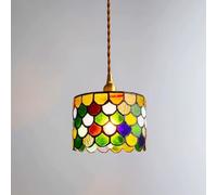 Wmmner Art Light Stained Glass Hanging Lamp Retro Colorful Cylinder Water-Patterned Glass Ceiling Light Fixture Kitchen Island, Modern Nordic Adjustable Brass Lighting E27(E)/un Color/J