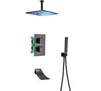 Wmmner Bath Mixer Tap Led Shower Mixer Settatic Concealed Shower Faucet Black Shower Set With Handheld Sprayer And Square Rain Shower Head, Waterfall Tub Spout Tub And Shower Decoration Kit/Tipo B/8 P