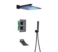 Wmmner Bath Mixer Tap Led Shower Mixer Settatic Concealed Shower Faucet Black Shower Set With Handheld Sprayer And Square Rain Shower Head, Waterfall Tub Spout Tub And Shower Decoration Kit/Tipo B/10