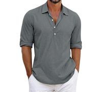 Wmmner Casual Long Sleeve Shirts For Men Basic Tees Pullover Tops Mens Lapel Button V Neck Plain Color Work Trendy Shirt Comfortable Basic Fall Fashion Regular Fit Long Sleeve Tees Tops/Gris/Talla Xl