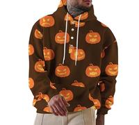 Wmmner Disfraces de Halloween para Hombre Sudaderas con Capucha Jack O' Lantern 1/4 Botones con Cara de Calabaza Y Bolsillo Sudaderas de Manga Larga con Capucha/Sudadera con Capucha de Halloween Dorad