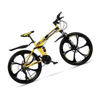Wmmner Dual-Suspension Foldable Mountain Bike 26 Inch For Adult Men And Women, Boy Girl Off-Road Mountain Bicycle With Disc Brake, High Carbon Steel Frame & Adjustable Seat,6 Spoke Yellow,27 Speed/6 R