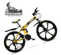 Wmmner Dual-Suspension Foldable Mountain Bike 26 Inch For Adult Men And Women, Boy Girl Off-Road Mountain Bicycle With Disc Brake, High Carbon Steel Frame & Adjustable Seat,6 Spoke Yellow,27 Speed/6 R