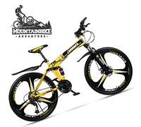 Wmmner Dual-Suspension Foldable Mountain Bike 26 Inch For Adult Men And Women, Boy Girl Off-Road Mountain Bicycle With Disc Brake, High Carbon Steel Frame & Adjustable Seat,6 Spoke Yellow,27 Speed/3 R