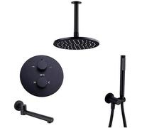 Wmmner Ducha de Baño de Latón Negro Montado en Techo Termostático con Cabezal de Ducha de Lluvia Rede 8-12" Cabezal de Ducha de Mano Y Grifo de Bañera, Juego de Ducha de Lujo, 12 Pulgadas/a/10 Inch
