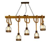Wmmner Hemp Rope Retro Chandelier, Industrial Style Black Wrought Iron Chandelier Living Room Dining Kitchen Hanging Lamp Ceiling Light,Height Adjustable,E27 Bulbs