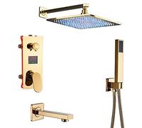 Wmmner Juego de Ducha Digital Gold Led - Cabezal de Ducha de Lluvia de 16", Grifo Mezclador de 3 Vías con Temperatura Digitalpantalla de Naturaleza, Elegante Caño de Bañera, Mejora de Baño de Lujo