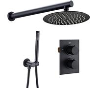 Wmmner Juego de Grifos de Ducha de Control Termostático Negro Montado en la Pared con Ducha de Lluvia Rede 8-12 Pulgadasanuncio Y Ducha de Mano, Juego de Ducha, 8 Pulgadas/1/12 Pulgadas