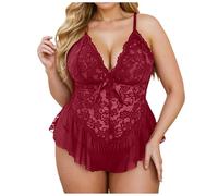 Wmmner Lencería Hollow Out Teddy Bodycon Jumpsuit Conjunto de Lencería Roja Sexy Push Up Naughty Deep V-Neck Stretch Negligee Sleepwear S Gratis/Vino B/3Xl
