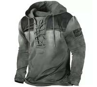 Wmmner Mens Hoodies Pullover Camouflage Printed, Color Blocking Retro Lace-Up Front Design Draw Sthoody Sweatshirt Workout Running Athletic Sports Wear/Gris/3Xl