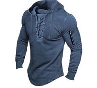 Wmmner Mens Hoodies Solid Color Plain Draw String, Retro Lace-Up Front Design Slim Fit Elegant Long Sleeve Hooded Sweatshirt Outdoor Casual Fashion Fresh Look/Azul/3Xl