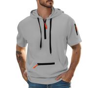 Wmmner Mens Quarter Zip Hooded Shirt Fashion Fall Pullover Tops with Zipper Pocket Trendy Drawsthoodies Shirt Short Sleeve for Men/Gris/L